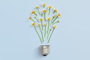 Graphic of small daisies making a light bulb.